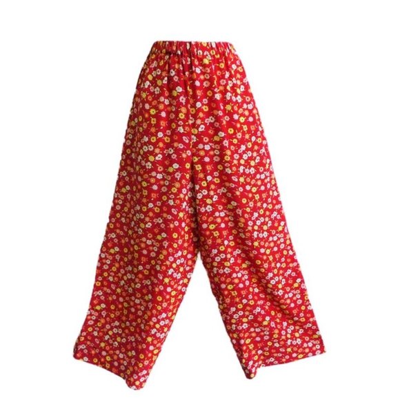 Diane Von Furstenberg Vintage 80s Silk Red Floral Palazzo Pants Wide Leg Pull On